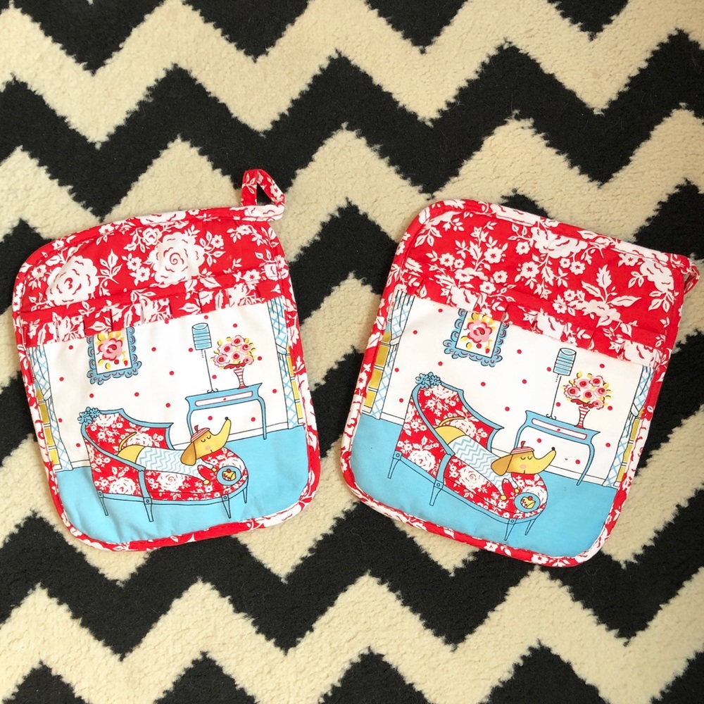 Red and Light Blue Pot Holders